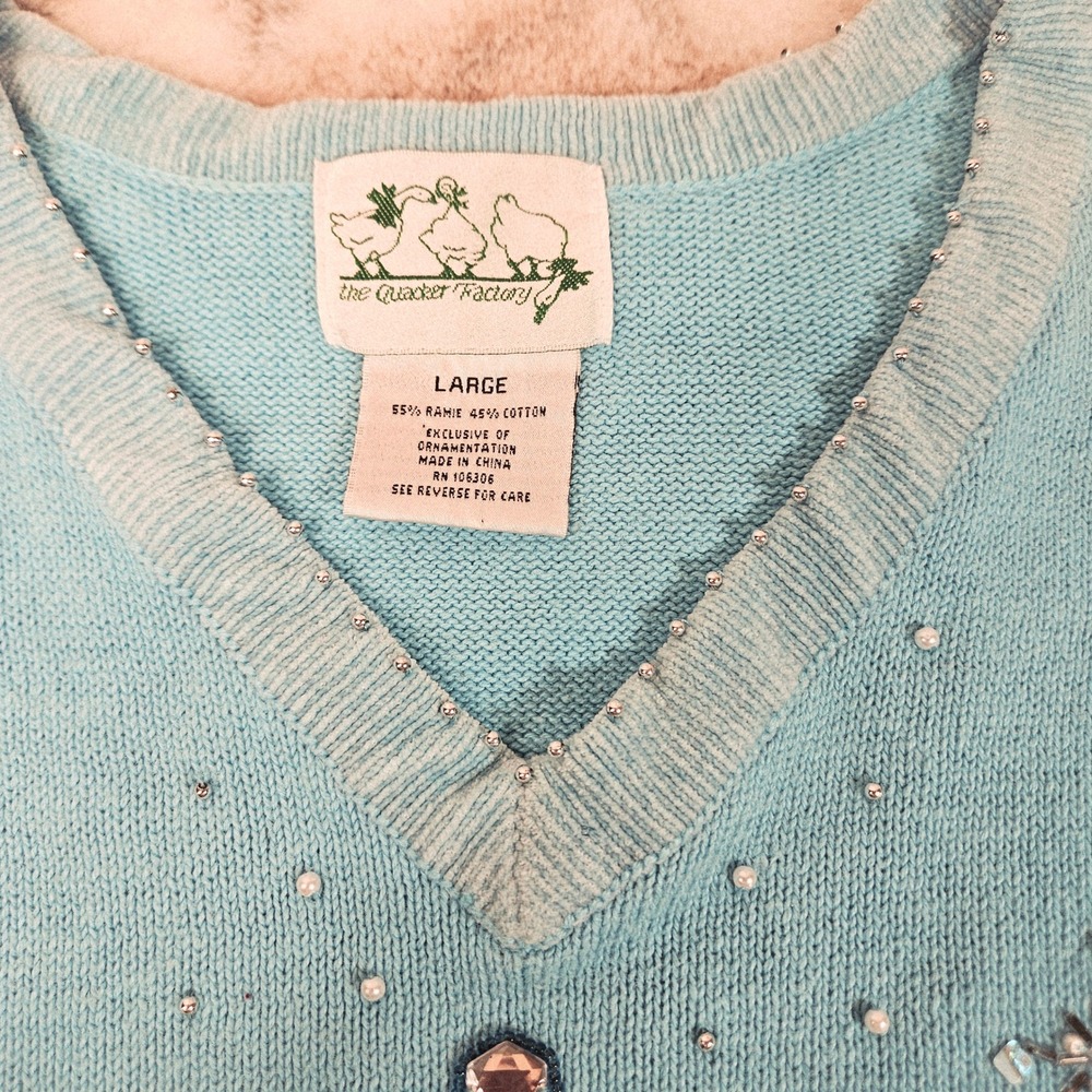 Quacker Factory Snowflake Blue V-Neck Sweater Large Beads Sequins Winter Holiday - Picture 6 of 14